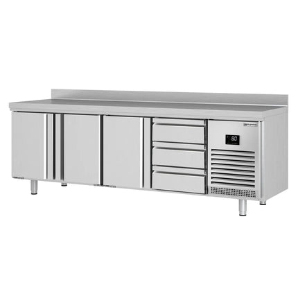 GGM Gastro Commercial Counter Fridge PREMIUM PLUS - 2452x700mm - with 3 doors - 3 drawers [1/3] - with upstand - capacity 625 litres