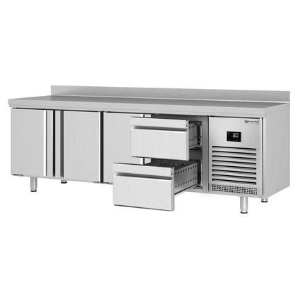 GGM Gastro Commercial Counter Fridge PREMIUM PLUS - 2452x700mm - with 3 doors - 2 drawers [1/2] - with upstand - capacity 625 litres