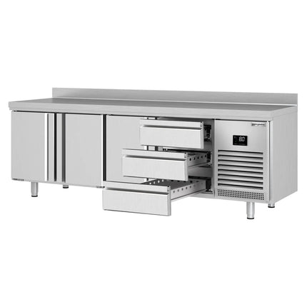 GGM Gastro Commercial Counter Fridge PREMIUM PLUS - 2452x700mm - with 3 doors - 3 drawers [1/3] - with upstand - capacity 625 litres