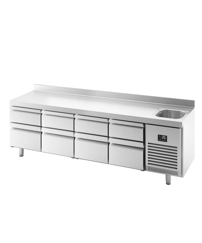 GGM Gastro Commercial Counter Fridge PREMIUM PLUS - 2452x700mm - with sink - with upstand - with 8 drawers [4x2/3 + 4x1/3] - capacity 630 litres