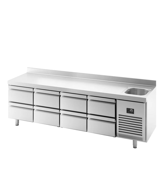GGM Gastro Commercial Counter Fridge PREMIUM PLUS - 2452x700mm - with sink - with upstand - with 8 drawers [1/2] - capacity 630 litres