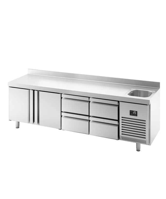 GGM Gastro Commercial Counter Fridge PREMIUM PLUS - 2452x700mm - with sink - with 2 doors and 4 drawers (drawer block 4x1/2) - with upstand - capacity 630 litres