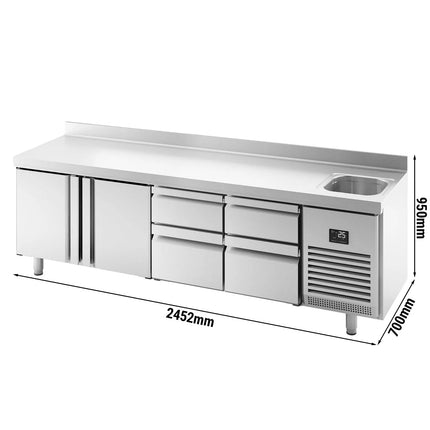 GGM Gastro Commercial Counter Fridge PREMIUM PLUS - 2452x700mm - with sink - with 2 doors - with 4 drawers [2/3][1/3] - with upstand