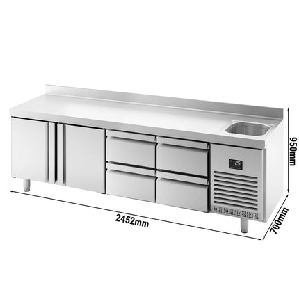 GGM Gastro Commercial Counter Fridge PREMIUM PLUS - 2452x700mm - with sink - with 2 doors and 4 drawers (drawer block 4x1/2) - with upstand - capacity 630 litres