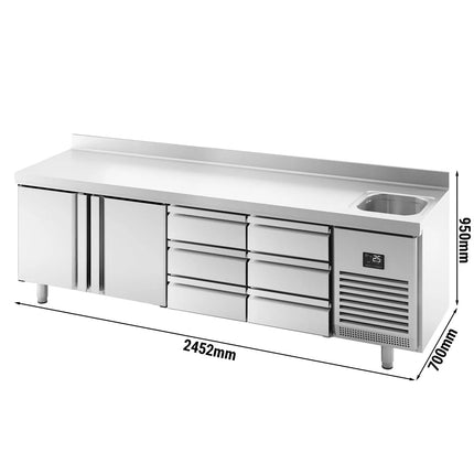 GGM Gastro Commercial Counter Fridge PREMIUM PLUS - 2452x700mm - with sink - with 2 doors - 6 drawers [1/3] - with upstand