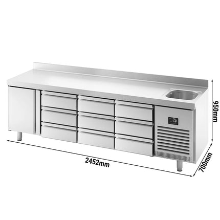 GGM Gastro Commercial Counter Fridge PREMIUM PLUS - 2452x700mm - with sink - with 1 door - with 9 drawers [1/3] - with upstand