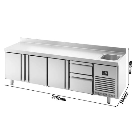 GGM Gastro Commercial Counter Fridge PREMIUM PLUS - 2452x700mm - with sink - with 3 doors - with 2 drawers [2/3+1/3] - with upstand