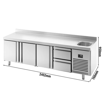 GGM Gastro Commercial Counter Fridge PREMIUM PLUS - 2452x700mm - with sink - with 3 doors - 2 drawers (2x1/2) - with upstand