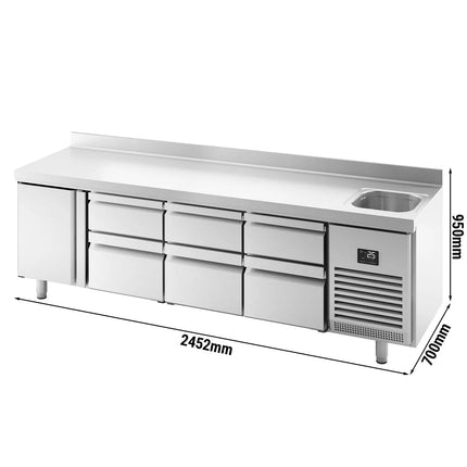 GGM Gastro Commercial Counter Fridge PREMIUM PLUS - 2452x700mm - with sink - with 1 door - with 6 drawers [3x2/3 + 3x1/3] - with upstand