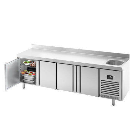 GGM Gastro Commercial Counter Fridge PREMIUM PLUS - 2452x700mm - with sink - with 4 doors - with upstand - capacity 630 litres