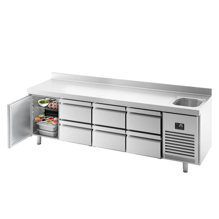 GGM Gastro Commercial Counter Fridge PREMIUM PLUS - 2452x700mm - with sink - with 2 doors - with 4 drawers [1/2] - with upstand
