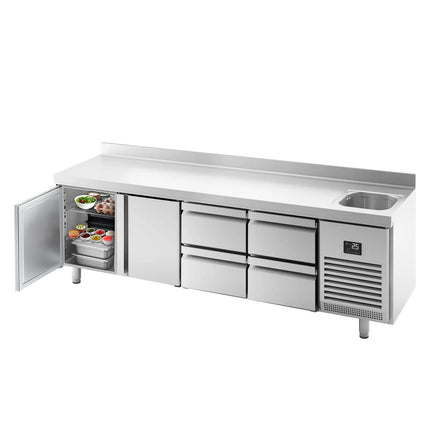GGM Gastro Commercial Counter Fridge PREMIUM PLUS - 2452x700mm - with sink - with 2 doors and 4 drawers (drawer block 4x1/2) - with upstand - capacity 630 litres