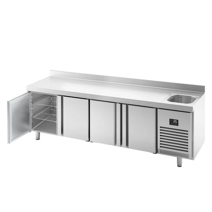 GGM Gastro Commercial Counter Fridge PREMIUM PLUS - 2452x700mm - with sink - with 4 doors - with upstand - capacity 630 litres