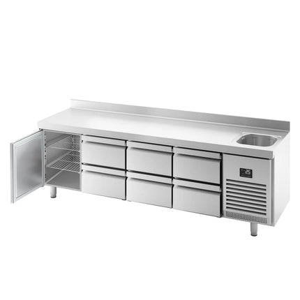 GGM Gastro Commercial Counter Fridge PREMIUM PLUS - 2452x700mm - with sink - with 2 doors - with 4 drawers [1/2] - with upstand
