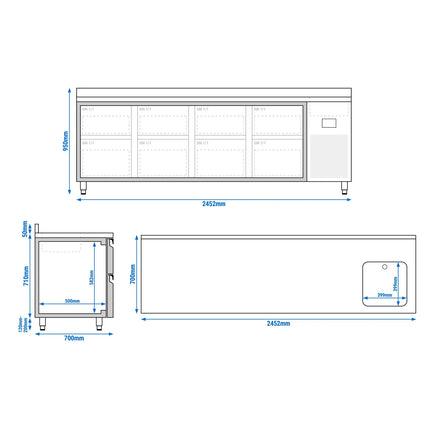 GGM Gastro Commercial Counter Fridge PREMIUM PLUS - 2452x700mm - with sink - with upstand - with 8 drawers [4x2/3 + 4x1/3] - capacity 630 litres