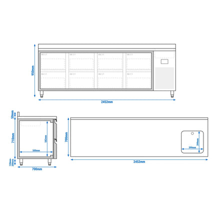 GGM Gastro Commercial Counter Fridge PREMIUM PLUS - 2452x700mm - with sink - with upstand - with 8 drawers [1/2] - capacity 630 litres