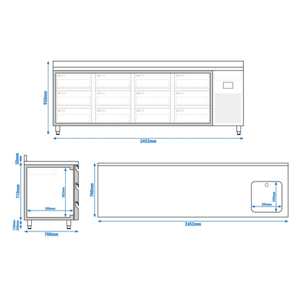 GGM Gastro Commercial Counter Fridge PREMIUM PLUS - 2452x700mm - with sink - with 1 door - with 6 drawers (3x2/3, 3x1/3) - with upstand
