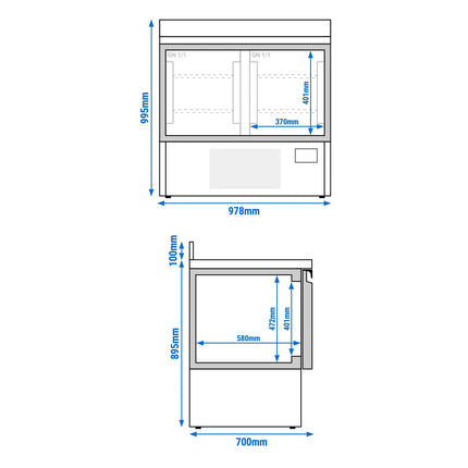 GGM Gastro Commercial Counter Fridge PREMIUM PLUS - 978x700mm - with 2 doors - with upstand - capacity 230 litres