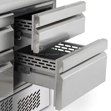 GGM Gastro Commercial Counter Fridge PREMIUM PLUS - 978x700mm - with 4 drawers - with upstand - capacity 230 litres