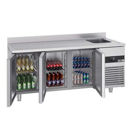 GGM Gastro Commercial Counter Fridge with Sink PREMIUM - 1900x700mm - with 3 doors - with upstand - capacity 420 litres