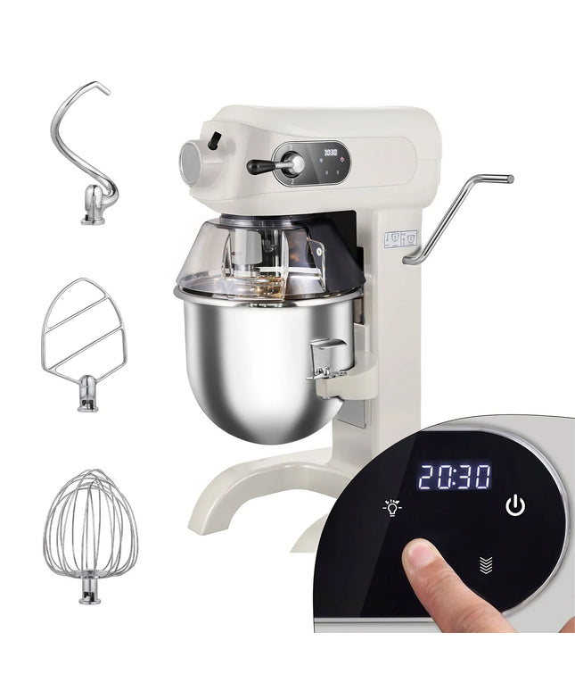 GGM Gastro Commercial Countertop Digital Planetary Mixer - 20L - 1,1kW - with display, lighting & 3 attachments - Light Ivory