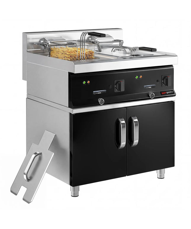 GGM Gastro Commercial Countertop Electric Twin Tank Fryer - 10+10 litres - 28.5kW - with drain tap - incl. substructure with 2 doors