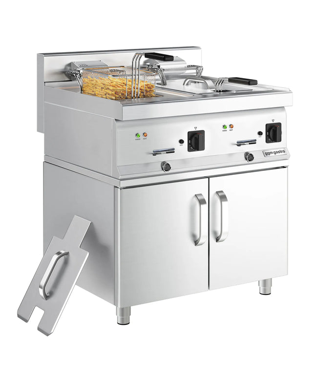 GGM Gastro Commercial Countertop Electric Twin Tank Fryer - 10+10 litres - 18kW - Manual - with drain tap - incl. base frame - incl. substructure with 2 doors