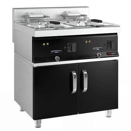 GGM Gastro Commercial Countertop Electric Twin Tank Fryer - 10+10 litres - 28.5kW - with drain tap - incl. substructure with 2 doors