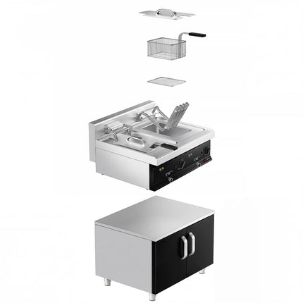 GGM Gastro Commercial Countertop Electric Twin Tank Fryer - 10+10 litres - 28.5kW - with drain tap - incl. substructure with 2 doors