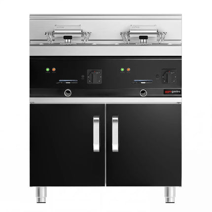 GGM Gastro Commercial Countertop Electric Twin Tank Fryer - 10+10 litres - 28.5kW - with drain tap - incl. substructure with 2 doors