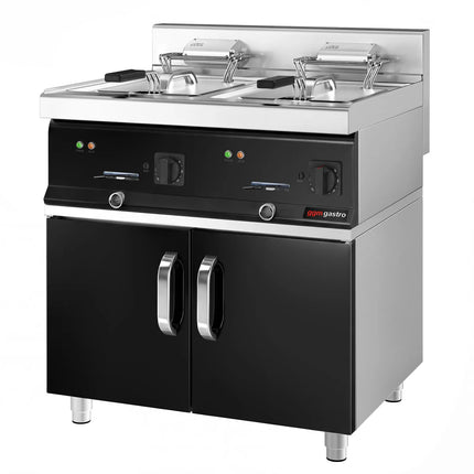 GGM Gastro Commercial Countertop Electric Twin Tank Fryer - 10+10 litres - 28.5kW - with drain tap - incl. substructure with 2 doors