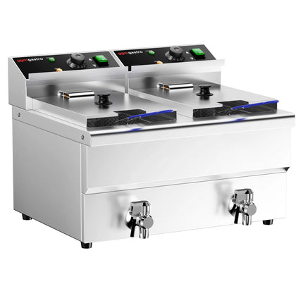 GGM Gastro Commercial Countertop Electric Twin Tank Fryer - 12+12 litres - 6.5kW - with drain valve