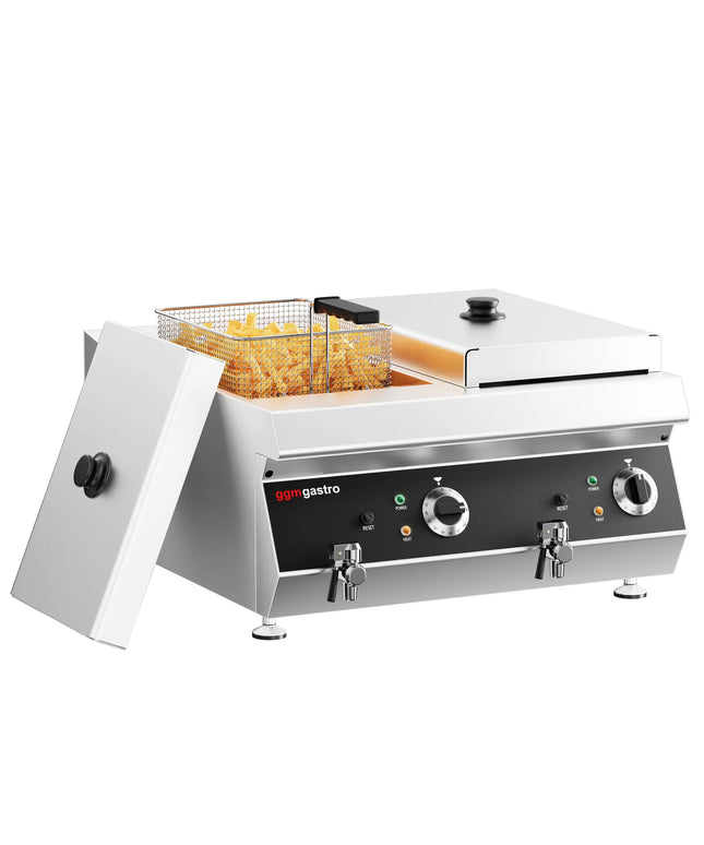 GGM Gastro Commercial Countertop Electric Twin Tank Fryer - 13+13 litres - 9kW - with drain tap
