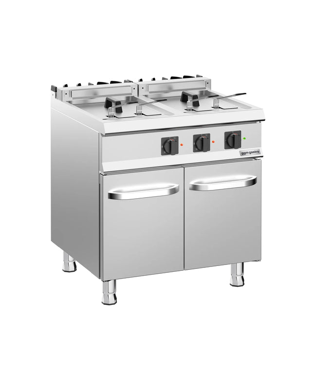GGM Gastro Commercial Countertop Electric Twin Tank Fryer  - 28kW - Electronic control - with drain tap - incl. substructure with 2 doors