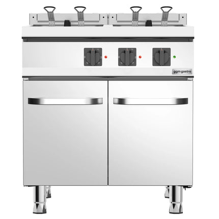 GGM Gastro Commercial Countertop Electric Twin Tank Fryer  - 28kW - Electronic control - with drain tap - incl. substructure with 2 doors