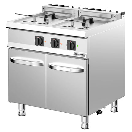 GGM Gastro Commercial Countertop Electric Twin Tank Fryer  - 28kW - Electronic control - with drain tap - incl. substructure with 2 doors