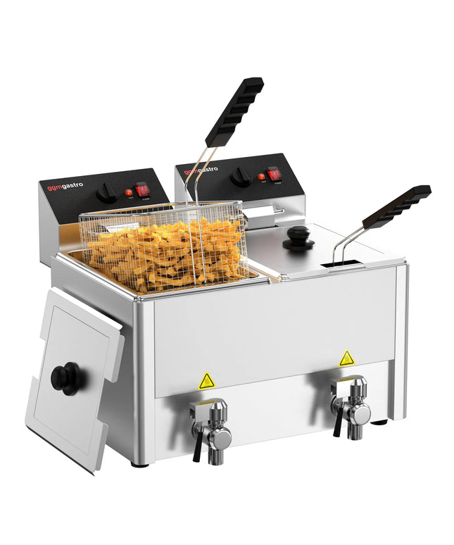 GGM Gastro Commercial Countertop Electric Twin Tank Fryer - 8+8 litres - 6.5kW - Manual - with drain tap