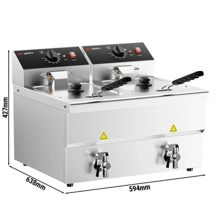 GGM Gastro Commercial Countertop Electric Twin Tank Fryer - 8+8 litres - 6.5kW - Manual - with drain tap