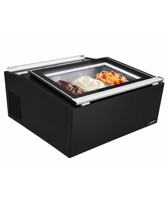 GGM Gastro Commercial Countertop Ice Cream Display Freezer – 772 mm – Static Cooling – for 3 × 5 L Napoli Pans – Lid Opening on Service Side
