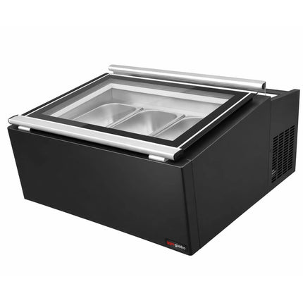 GGM Gastro Commercial Countertop Ice Cream Display Freezer – 772 mm – Static Cooling – for 3 × 5 L Napoli Pans – Lid Opening on Service Side