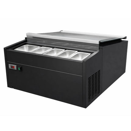 GGM Gastro Commercial Countertop Ice Cream Display Freezer – 772 mm – Static Cooling – for 3 × 5 L Napoli Pans – Lid Opening on Service Side
