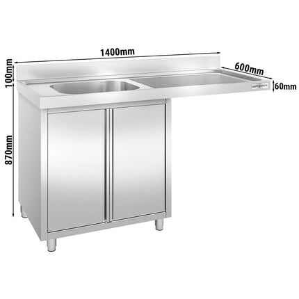 GGM Gastro Commercial Dishwasher Sink with Cupboard PREMIUM - 1400x600mm - 1 Bowl, Left-Hand Bowl