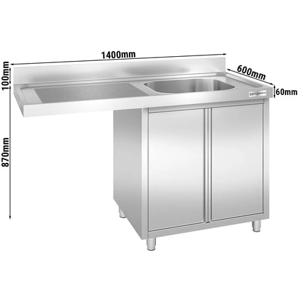 GGM Gastro Commercial Dishwasher Sink with Cupboard PREMIUM - 1400x600mm - 1 Bowl, Right-Hand Bowl
