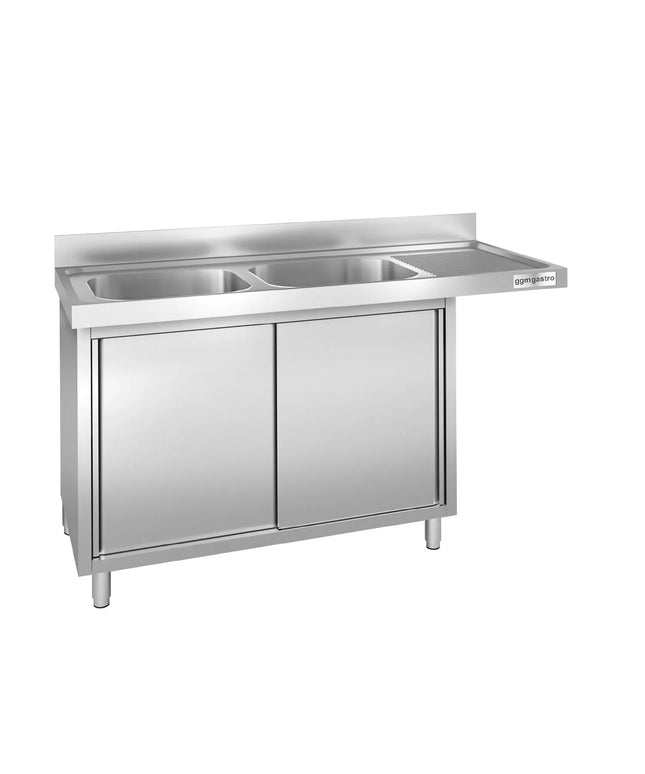 GGM Gastro Commercial Dishwasher Sink with Cupboard PREMIUM - 1600x600mm - 2 Bowls, Left-Hand Bowl