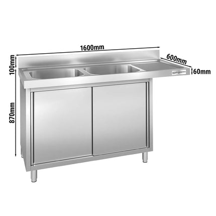 GGM Gastro Commercial Dishwasher Sink with Cupboard PREMIUM - 1600x600mm - 2 Bowls, Left-Hand Bowl
