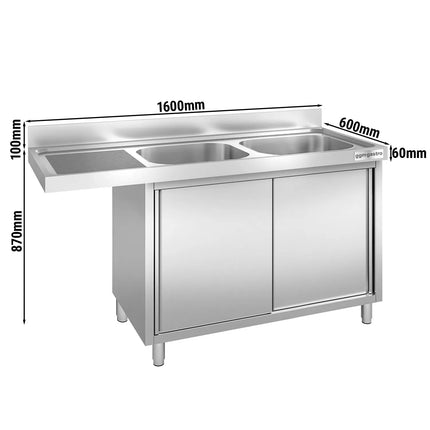 GGM Gastro Commercial Dishwasher Sink with Cupboard PREMIUM - 1600x600mm - 2 Bowls, Right-Hand Bowl
