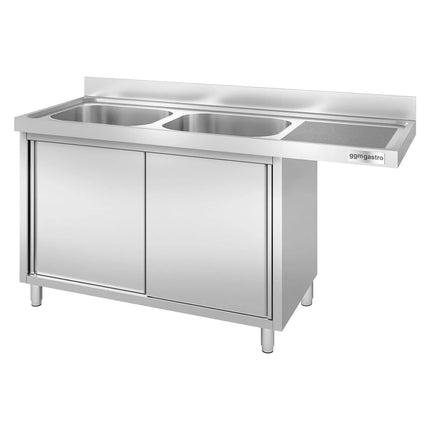 GGM Gastro Commercial Dishwasher Sink with Cupboard PREMIUM - 1600x600mm - 2 Bowls, Left-Hand Bowl