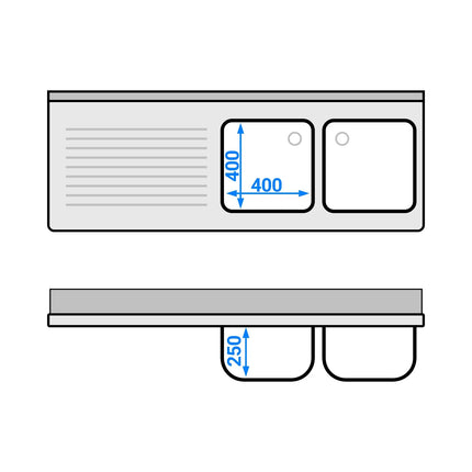GGM Gastro Commercial Dishwasher Sink with Cupboard PREMIUM - 1600x600mm - 2 Bowls, Right-Hand Bowl
