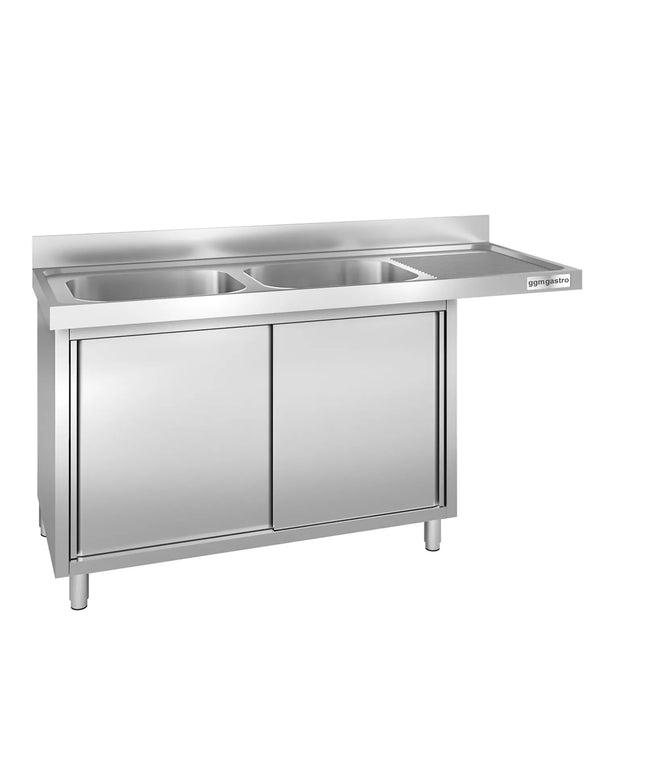 GGM Gastro Commercial Dishwasher Sink with Cupboard PREMIUM - 1800x600mm - 2 Bowls, Left-Hand Bowl