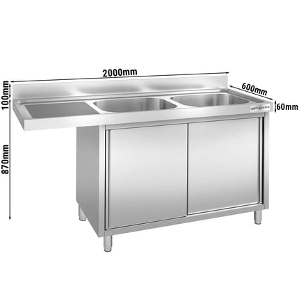 GGM Gastro Commercial Dishwasher Sink with Cupboard PREMIUM - 2000x600mm - 2 Bowls, Right-Hand Bowl